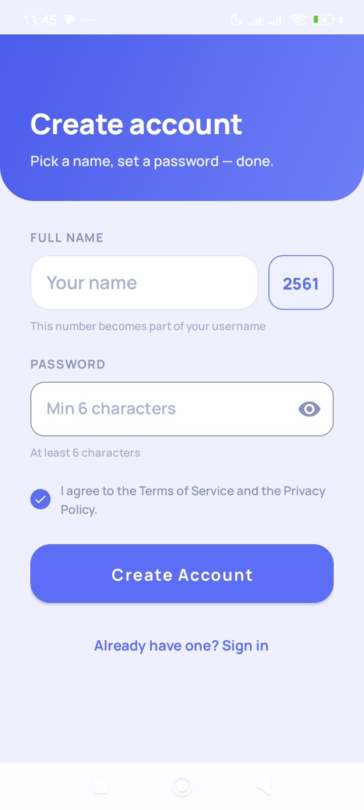 ZangiLite create account screen